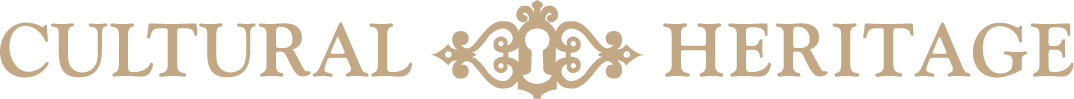 Logo with the words "Cultural Heritage", in gold lettering, flanking architectural ornament