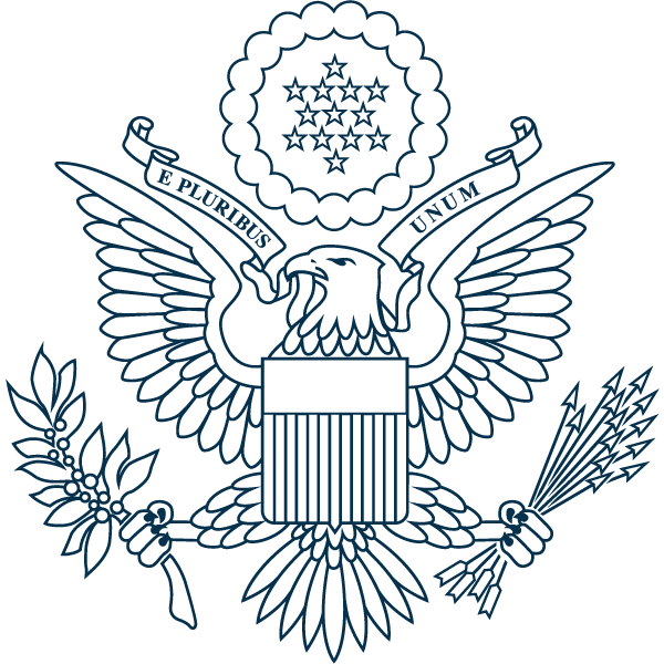 BLue line drawing of an eagle with an olive branch and arrows in his talons and "e pluribus unum" in a scroll and thirteen stars over head (Great Seal of the UNited States)