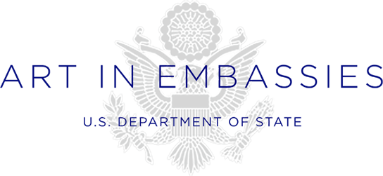 "Art in Embassies" and "U.S. Department of State" in blue lettering with the seal of the United States in gray as a watermark.