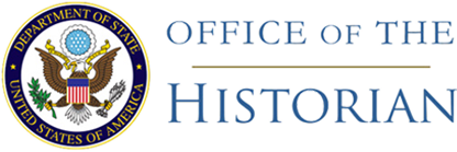 Logo of the Office of the Historian with the seal of the United States in a blue circle with Department of State (/) United States of America" in gold letters to the left and lettering in blue on a white background to the right.