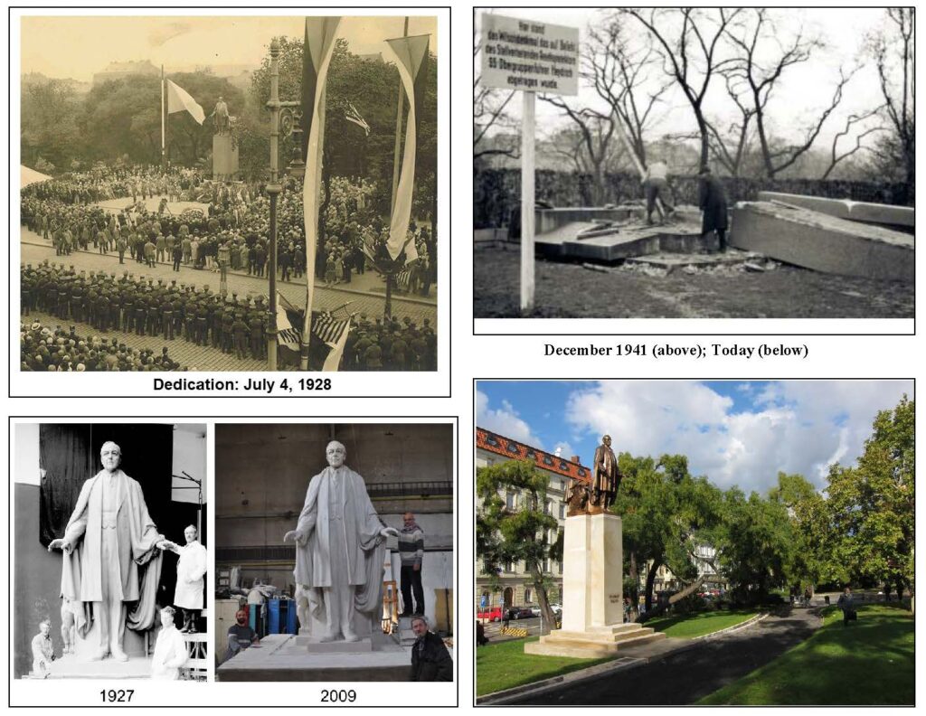 Four images, clockwise: crowd gathering in front of monument and flag; ruins of a monument pedestal; bronze monument in a park like setting, two statues pictured side by side 