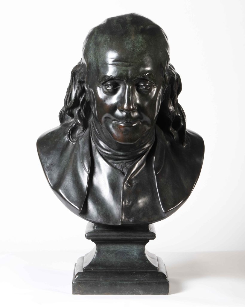Bronze, circa 1970s&nbsp;
U.S. Embassy Prague, Czech Republic&nbsp;

Excalibur Bronze Fine Art Foundry&nbsp;
New York City, mid-20th&nbsp;century&nbsp;&nbsp;
&nbsp;&nbsp;

This American-made bronze bust of Benjamin Franklin exemplifies the challenge facing the handful of State Department experts charged with looking after the worldwide collection of thousands of objects at U.S. diplomatic and consular posts abroad.&nbsp;&nbsp;
&nbsp;&nbsp;
Displayed for decades on a bookshelf in Villa&nbsp;Petschek, the historic neo-Baroque U.S. ambassador’s residence in Prague, the striking bust was thought to be a 19th&nbsp;century artifact and perfect for exhibition during America’s 250th. Then curators spotted a foundry mark pointing to its 20th&nbsp;century New York City provenance. It was&nbsp;likely brought&nbsp;to Prague by one of the residence’s ambassadorial occupants. Perhaps Ambassador Shirley Temple Black, who lived at the residence between 1989 and 1992?&nbsp;&nbsp;
&nbsp;&nbsp;
Regardless of how it came to Prague, the bust of Ben Franklin is at home in Villa&nbsp;Petschek’s&nbsp;library. It presides over a notable collection of books left by the aristocratic&nbsp;Petschek&nbsp;family, which fled the Czech capital for New York City after the 1938 Munich Agreement. Franklin once proposed the idea of “a Federal Union and One Grand Republic” for Europe. During the Cold War, when European unity was still a dream, U.S. ambassadors invited dissidents like Václav Havel to gatherings in the library to discuss similar concepts.&nbsp;&nbsp;
